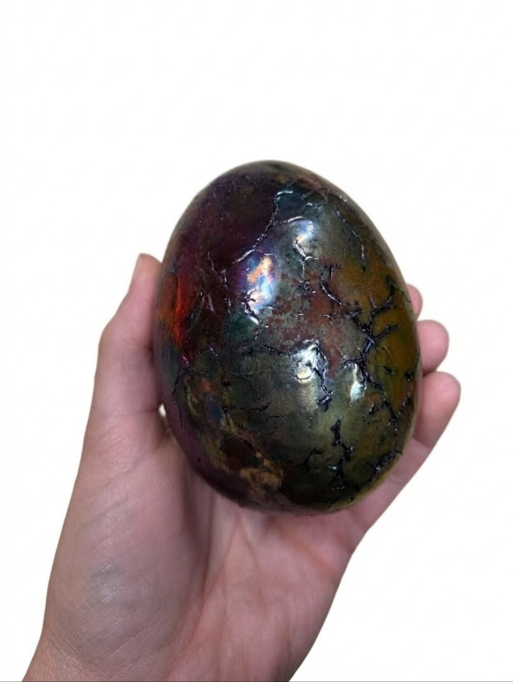 Vintage MCM Raku Fired Clay Pottery Dragon Egg Iridescent Crackle Glaze Decor